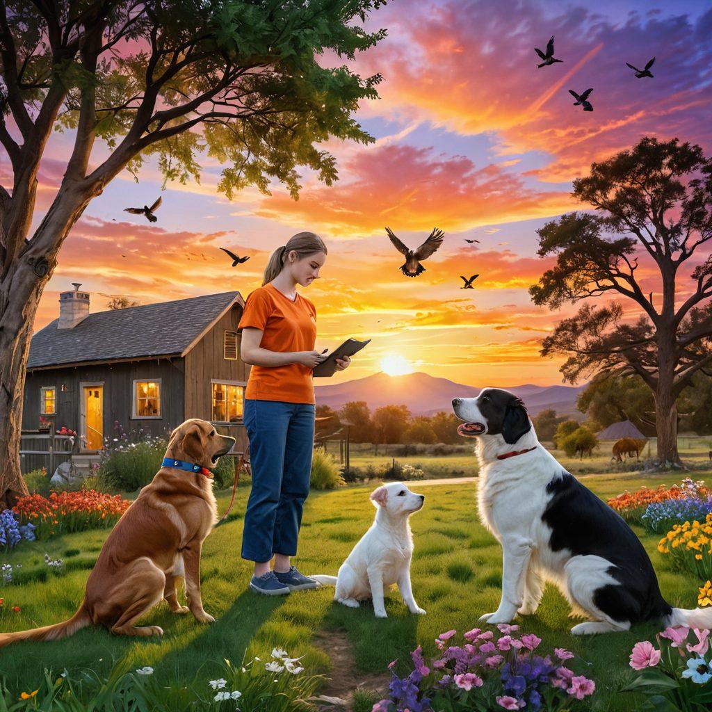 A vibrant landscape illustrating a sanctuary filled with both wildlife and domestic animals receiving care and rehabilitation. Include a caretaker gently tending to a playful puppy and an injured bird being helped by a vet under a colorful sunset. In the background, trees and flowers bloom, symbolizing growth and hope. The scene radiates warmth, love, and positivity. super-realistic. vibrant colors. 3D.