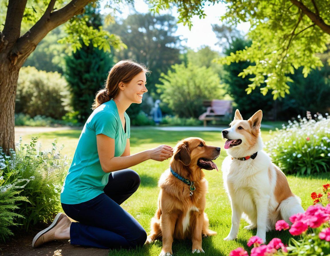 A serene outdoor scene showcasing a joyful interaction between a therapist and a playful dog undergoing rehabilitation. The setting features a vibrant green landscape, gentle sunlight filtering through trees, and colorful flowers. Nearby, a diverse range of animals (cats, birds, rabbits) thrive in a caring environment with loving attention from volunteers. Emphasize warmth, compassion, and connection between humans and animals. super-realistic. vibrant colors. cheerful atmosphere.