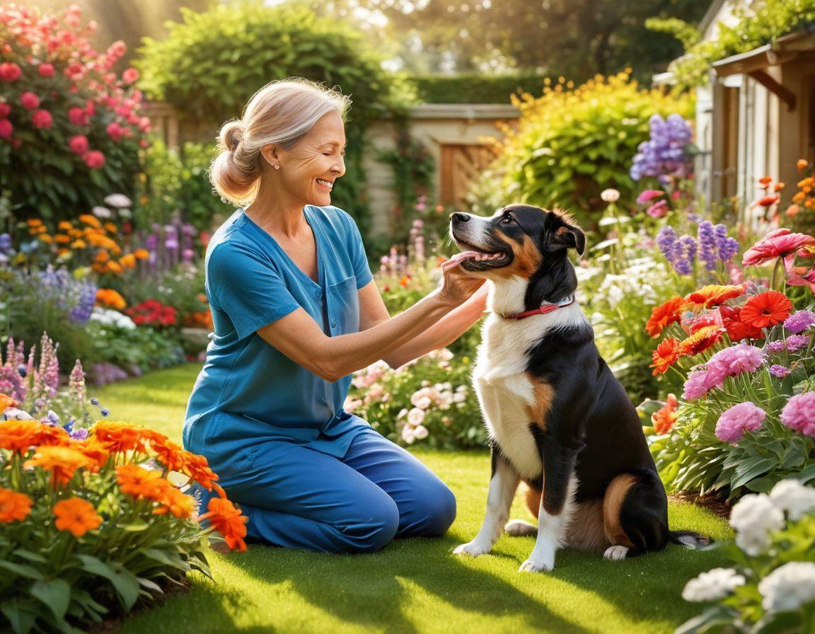 A heartwarming scene depicting a joyful caregiver playing with a happy dog in a sunlit garden, surrounded by colorful flowers and playful animals. Emphasize the bond between humans and pets, illustrating warmth and connection. Include elements of nature, like birds and butterflies, adding to the vibrant atmosphere of joy and healing. super-realistic. vibrant colors. soft focus.